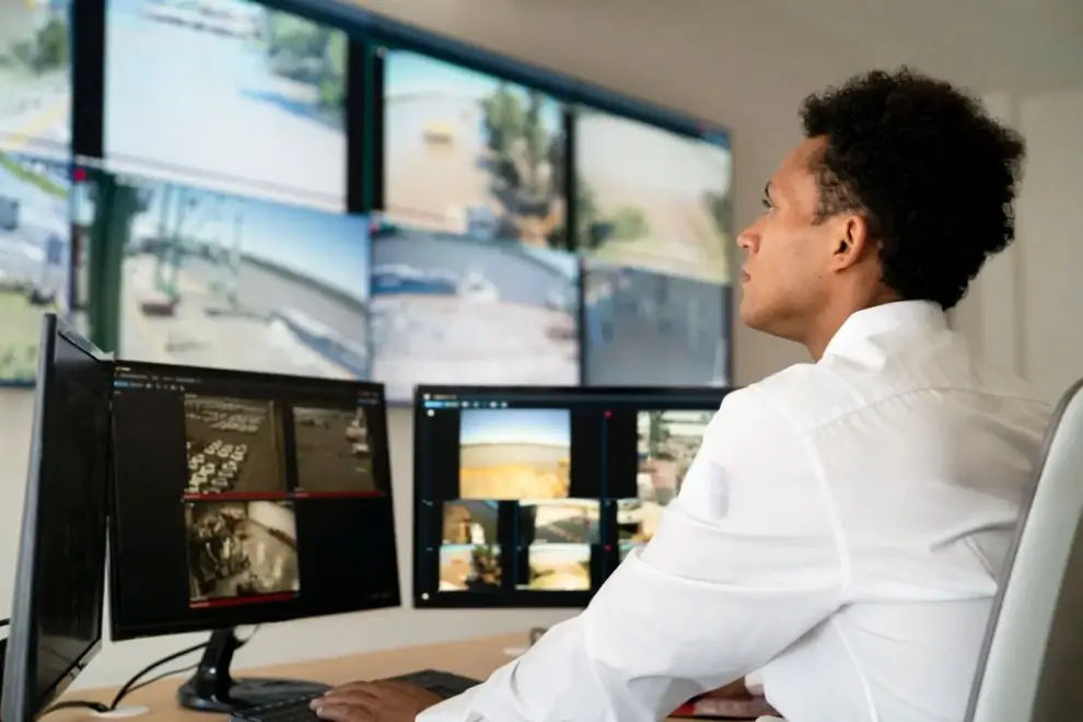 Male security professional monitoring multiple live surveillance camera feeds on several screens in a modern cctv control room