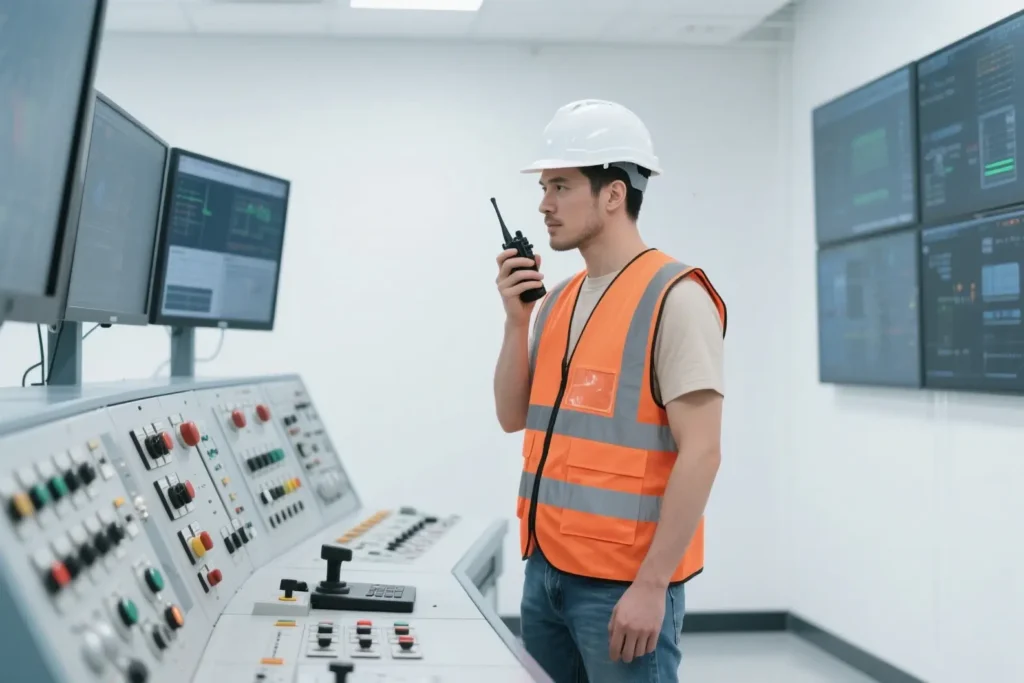 Male engineer in safety gear using a walkie-talkie while monitoring systems in a modern power station control room, surrounded by control panels and digital screens.