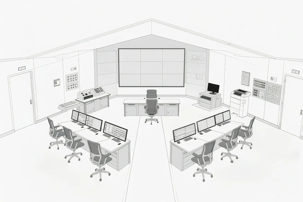 A power plant control room design featuring a large central monitor, operator desks with multiple computers, and supporting equipment like printers and control panels.