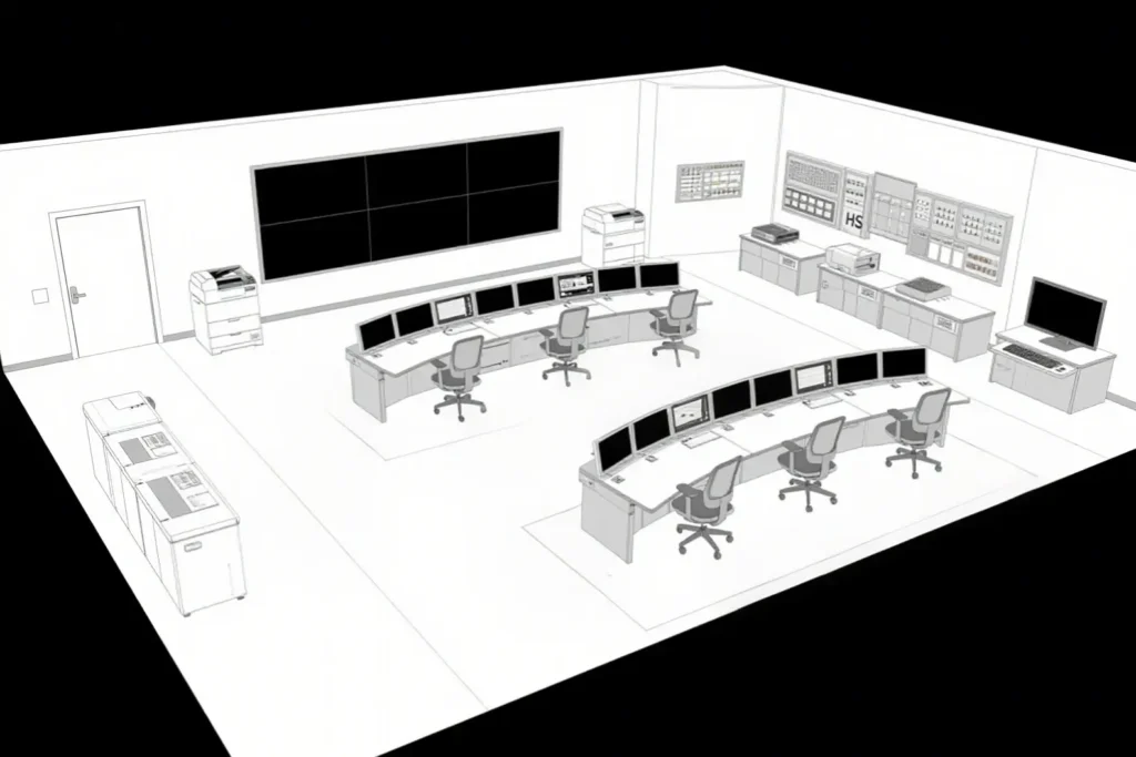 Rendered layout of a power station control room featuring two curved operator consoles with multiple monitors, wall-mounted control systems, printers, and support desks.