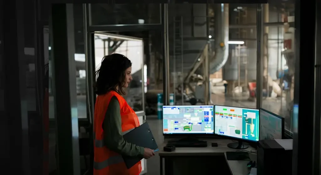 A woman in a safety vest monitors industrial systems on multiple computer screens