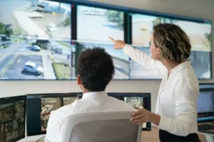 Two security professionals monitoring multiple surveillance camera feeds on large screens in a cctv control room, with one person pointing at a specific feed.