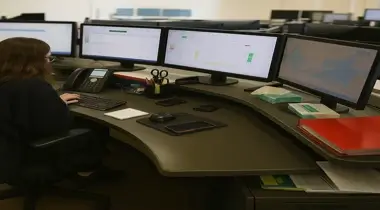Office Analyst Working at Multi-Monitor Workstation