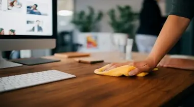 Post-Maintenance Office Workspace Cleaning with Microfiber Cloth