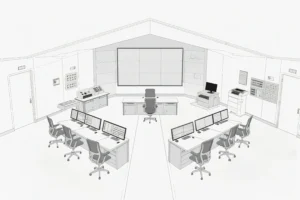 A power plant control room design featuring a large central monitor, operator desks with multiple computers, and supporting equipment like printers and control panels.