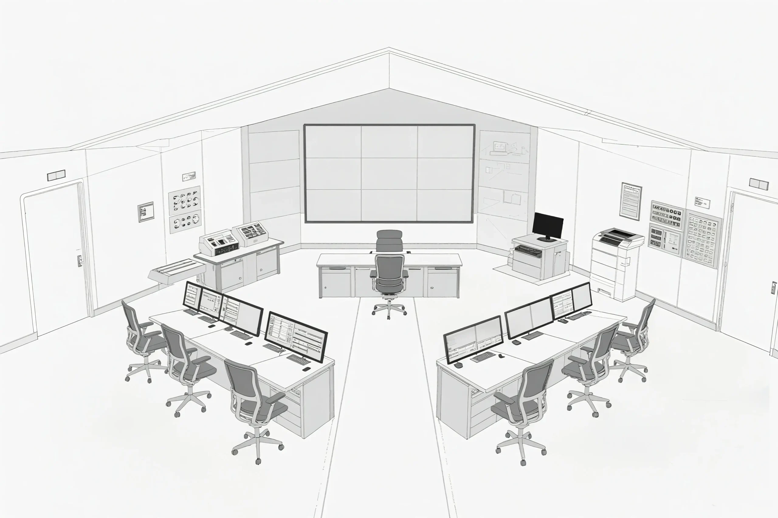 A power plant control room design featuring a large central monitor, operator desks with multiple computers, and supporting equipment like printers and control panels.