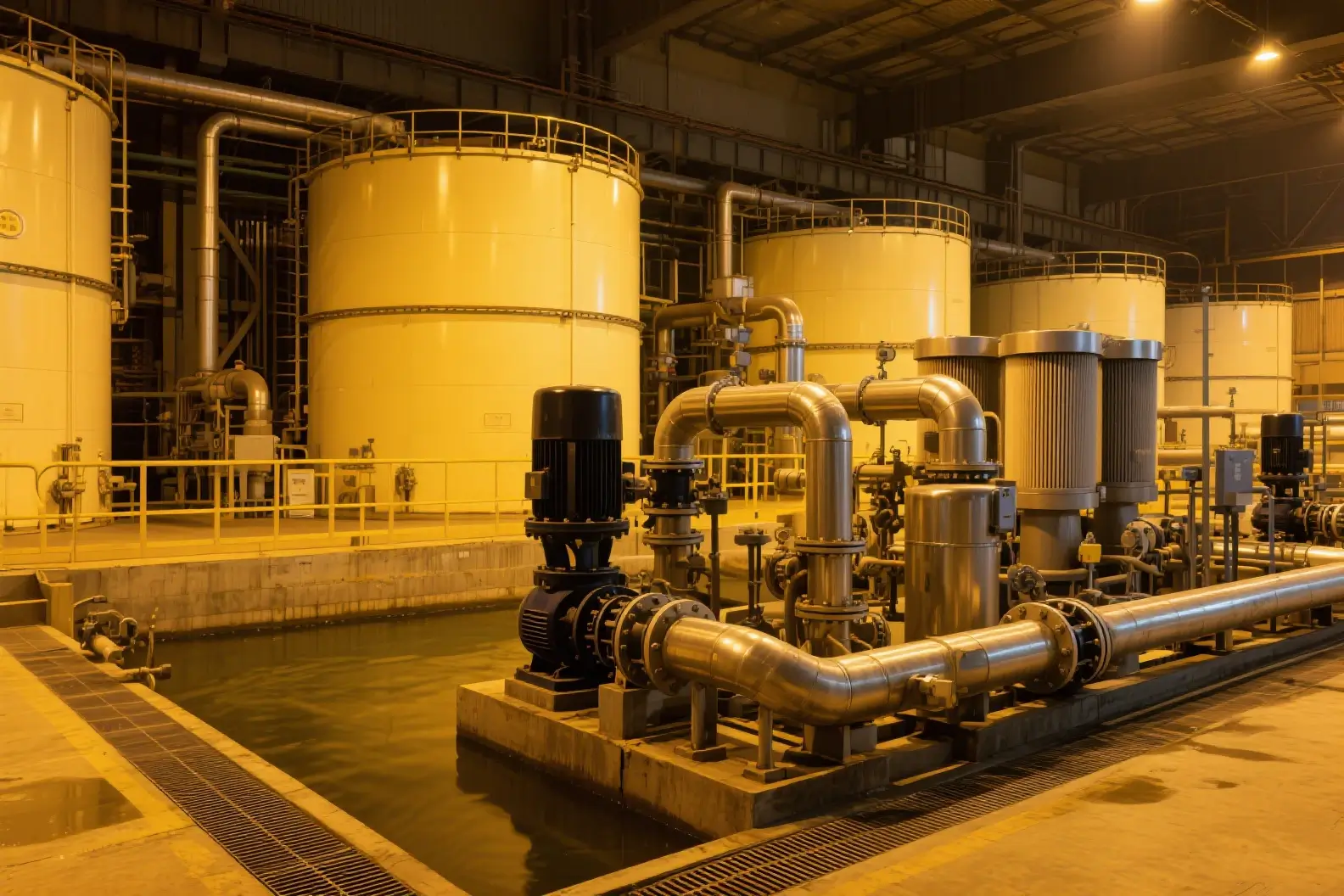 Industrial interior of a power station featuring large cylindrical storage tanks, stainless steel pipelines, and mechanical pumps arranged over a water channel.